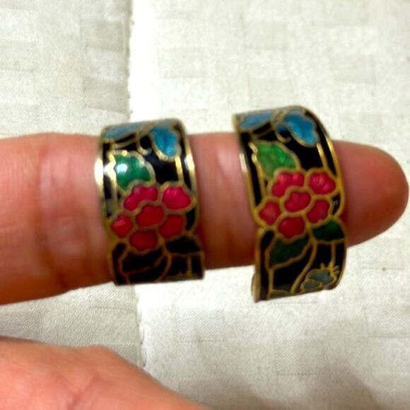 Vintage Cloisonné Black Butterfly Floral Earrings - Picture 6 of 12